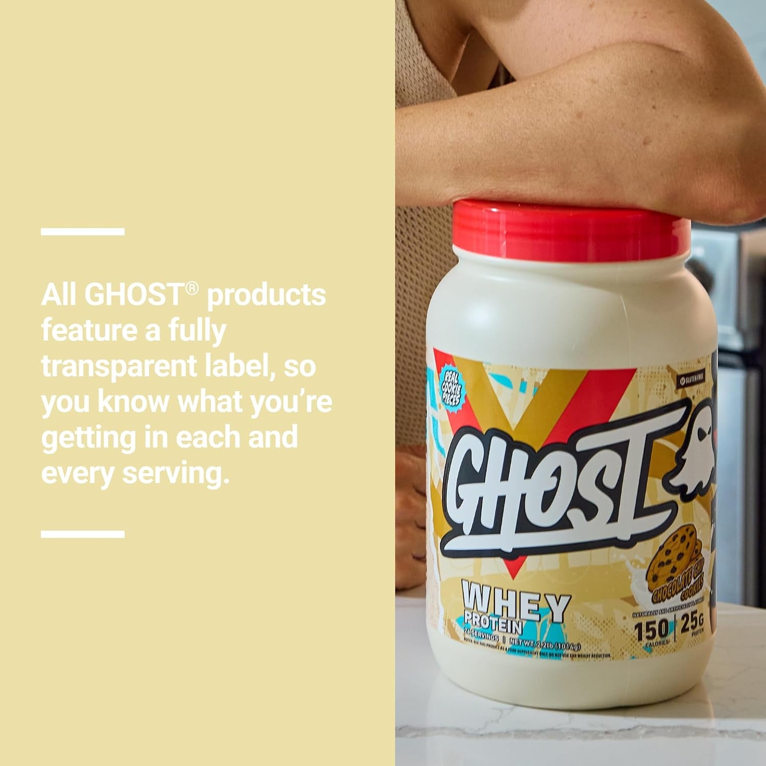GHOST Whey Protein Powder, Chocolate Chip Cookies - 2.2LB, 25G of Protein | Whey Protein Isolate & Concentrate Blend - Post Workout Shake, Smoothies - Soy & Gluten-Free - 2.2LB Tub, 26 Servings