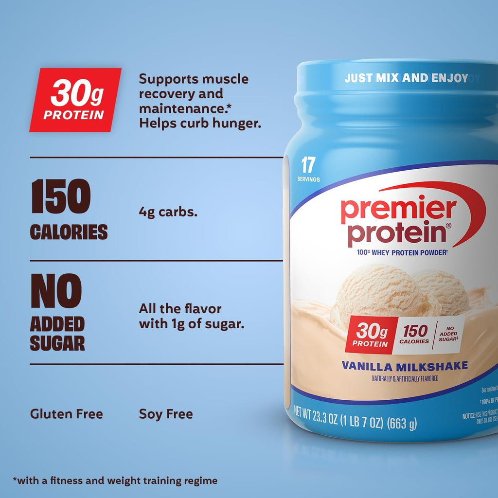 Premier Protein 30G High Protein Powder, 100% Whey, Vanilla, 17 Servings | No Added Sugar, Supports Muscle Health, Soy & Gluten-Free, 1.5 Lb