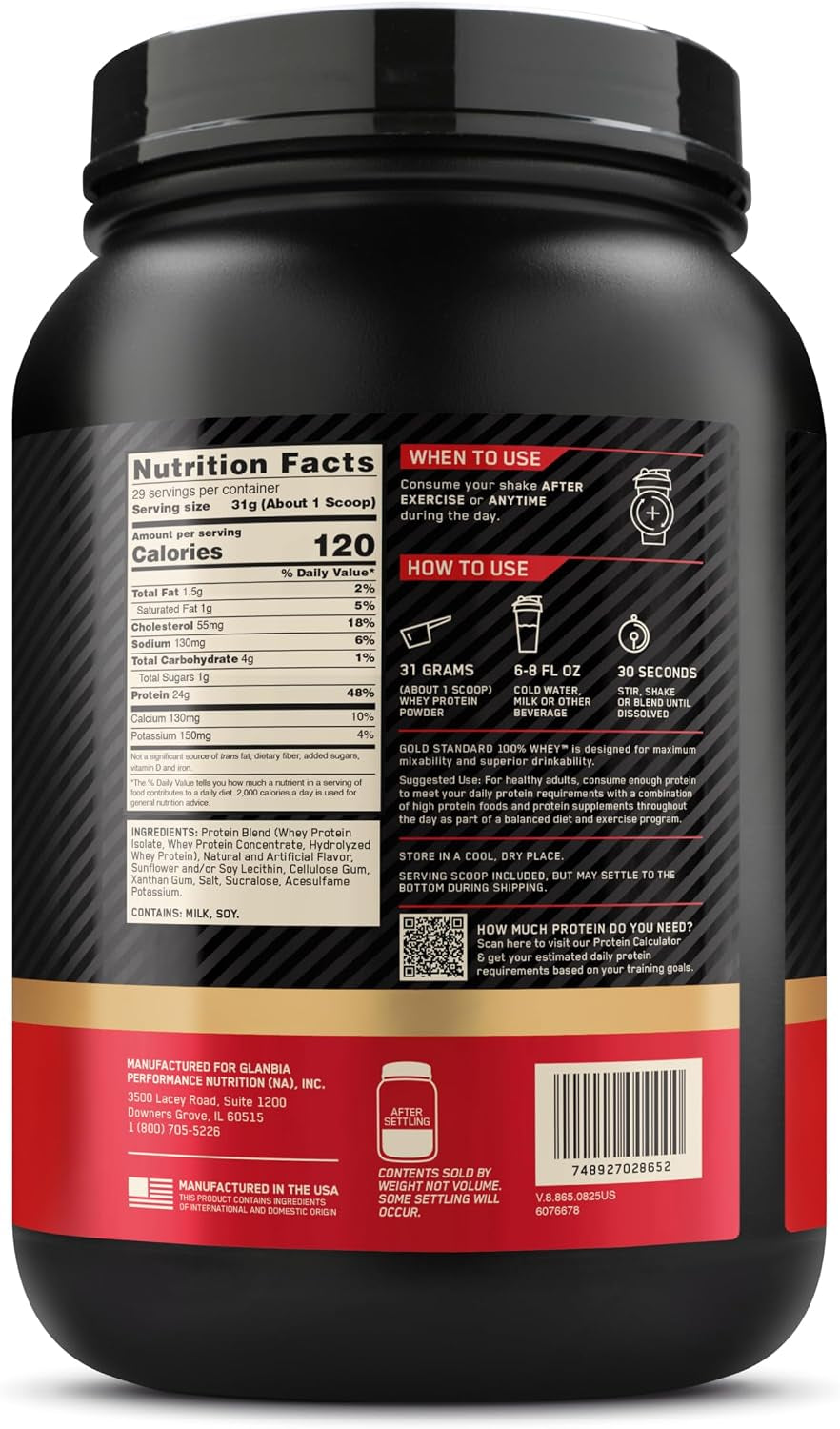 Optimum Nutrition Gold Standard 100% Whey Protein Powder, Vanilla Ice Cream, 2 Pound (Packaging May Vary) | 24G 100% Whey Protein per Serving, with Bcaas, Gluten Free, Banned Substance Tested, Easy Mixing, Muscle Support & Recovery