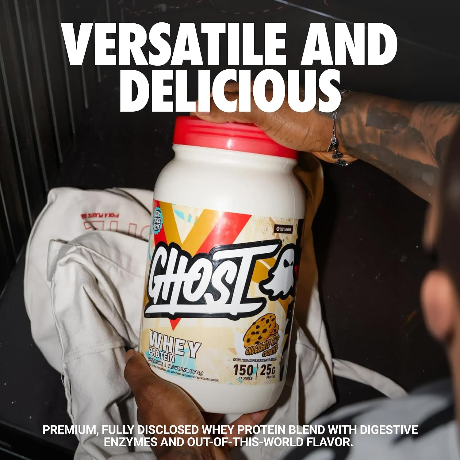 GHOST Whey Protein Powder, Chocolate Chip Cookies - 2.2LB, 25G of Protein | Whey Protein Isolate & Concentrate Blend - Post Workout Shake, Smoothies - Soy & Gluten-Free - 2.2LB Tub, 26 Servings