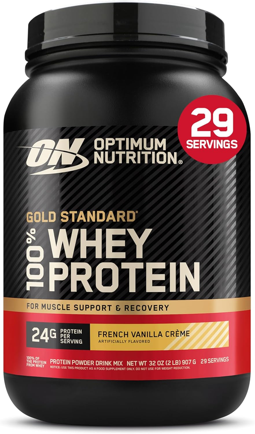 Optimum Nutrition Gold Standard 100% Whey Protein Powder, Vanilla Ice Cream, 2 Pound (Packaging May Vary) | 24G 100% Whey Protein per Serving, with Bcaas, Gluten Free, Banned Substance Tested, Easy Mixing, Muscle Support & Recovery
