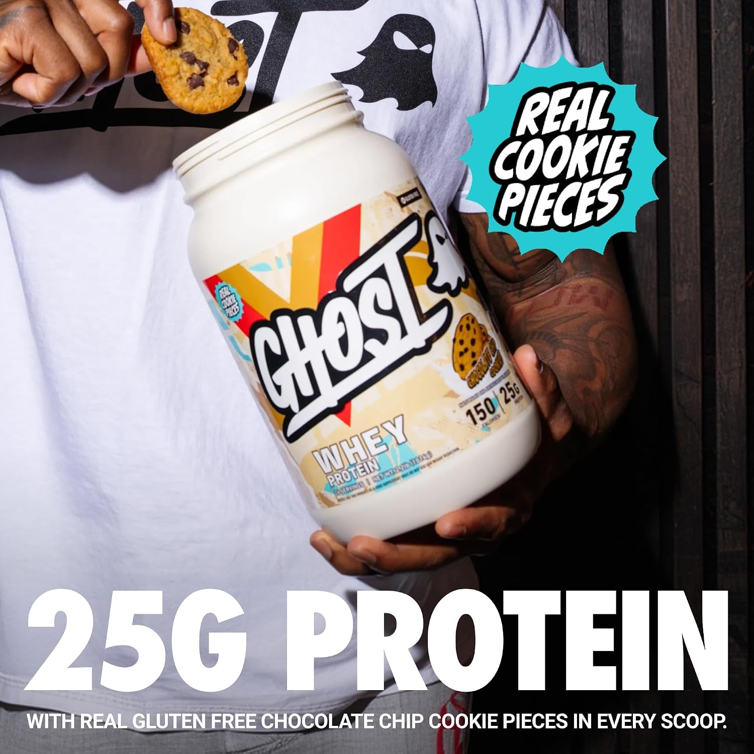 GHOST Whey Protein Powder, Chocolate Chip Cookies - 2.2LB, 25G of Protein | Whey Protein Isolate & Concentrate Blend - Post Workout Shake, Smoothies - Soy & Gluten-Free - 2.2LB Tub, 26 Servings