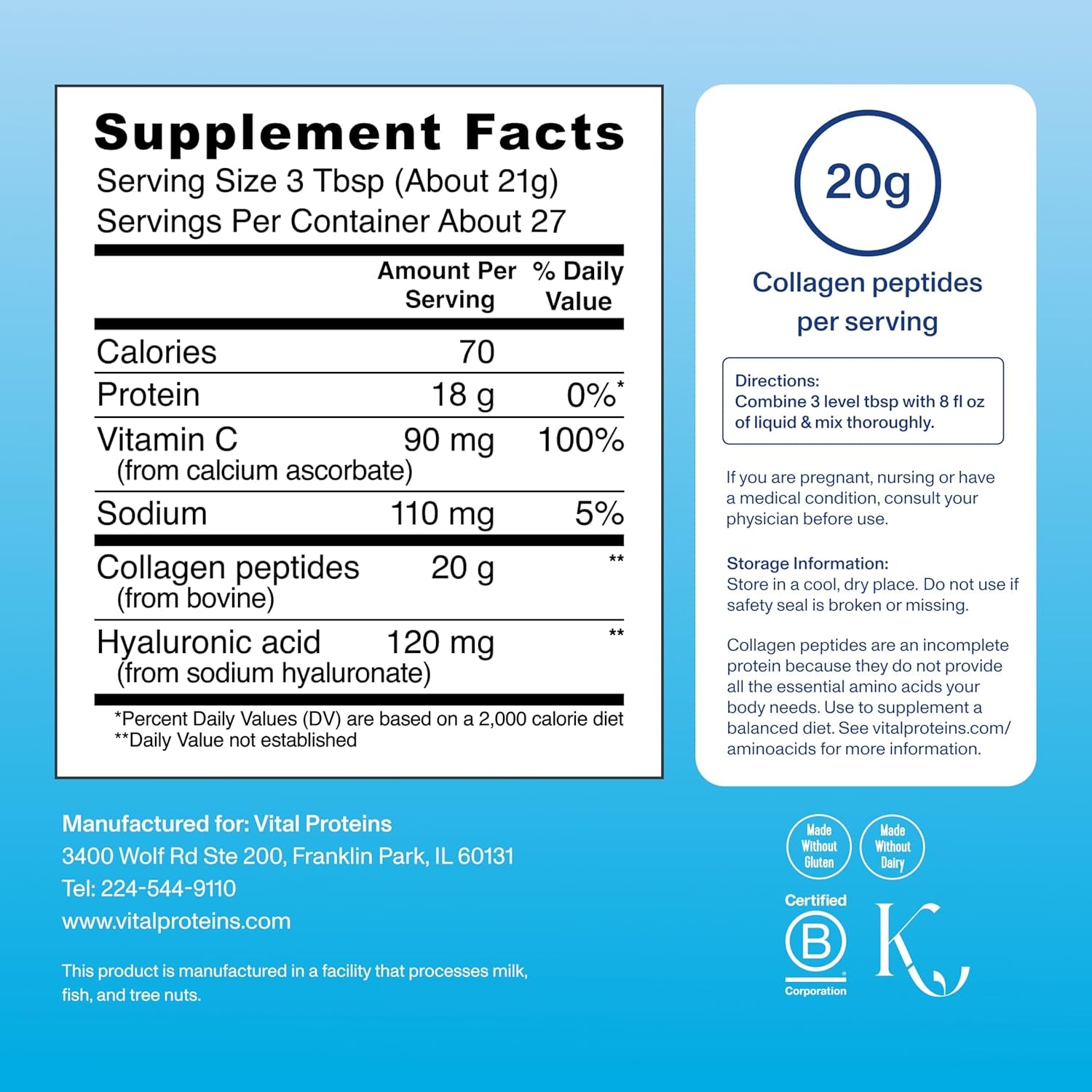 Vital Proteins Collagen Peptides Powder Advanced, Unflavored, 20Oz | Hyaluronic Acid & Vitamin C, Supports Hair Skin & Nails, Collagen Peptides, 27 Servings