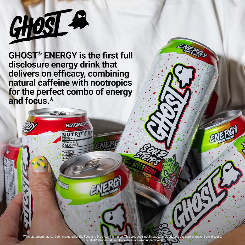 GHOST Energy Drink, Zero Sugars, 12-Pack, Sour Strips Appleberry, 16Oz