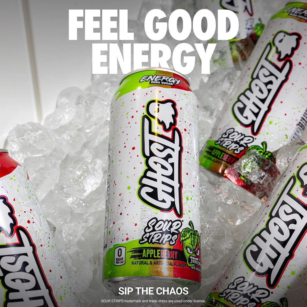GHOST Energy Drink, Zero Sugars, 12-Pack, Sour Strips Appleberry, 16Oz
