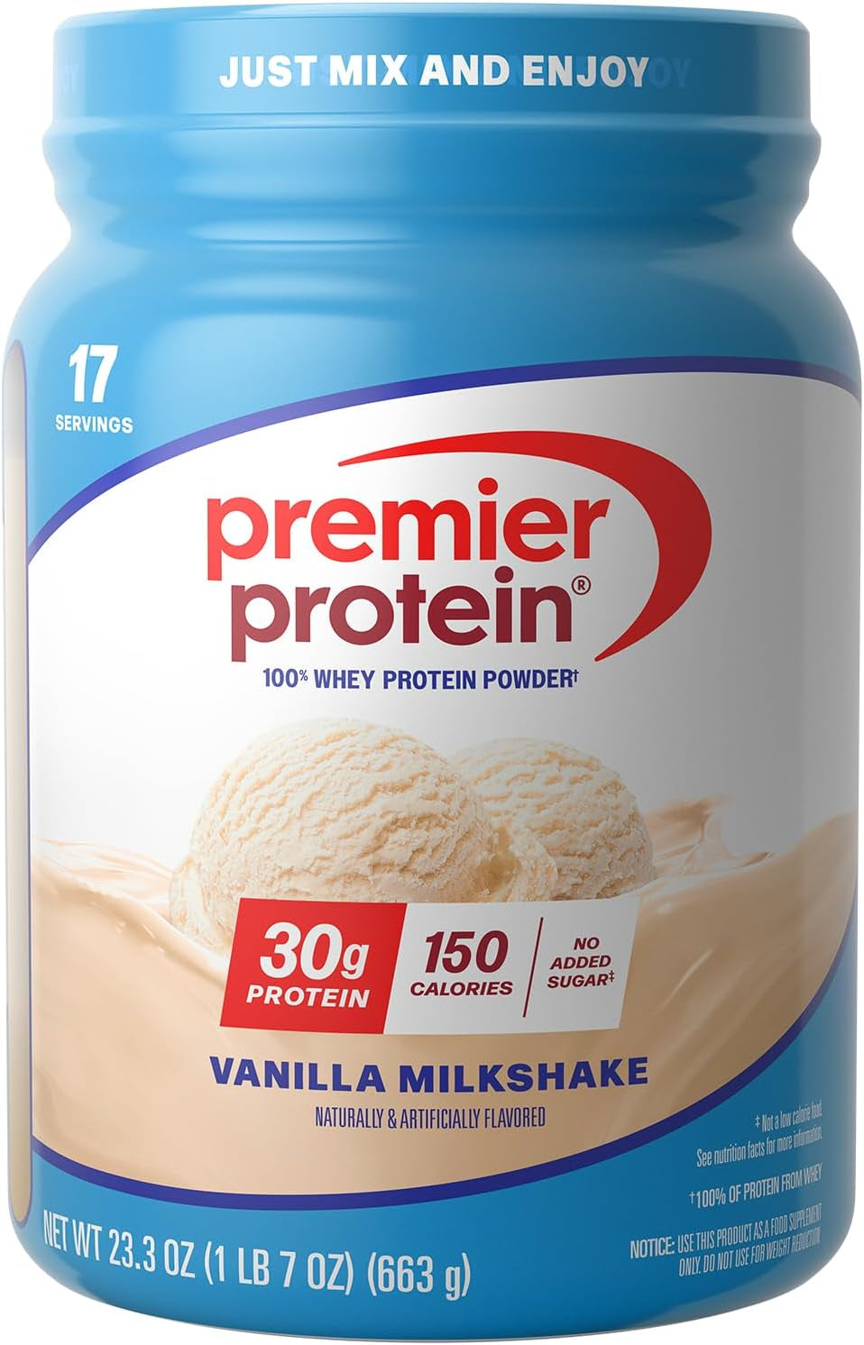 Premier Protein 30G High Protein Powder, 100% Whey, Vanilla, 17 Servings | No Added Sugar, Supports Muscle Health, Soy & Gluten-Free, 1.5 Lb