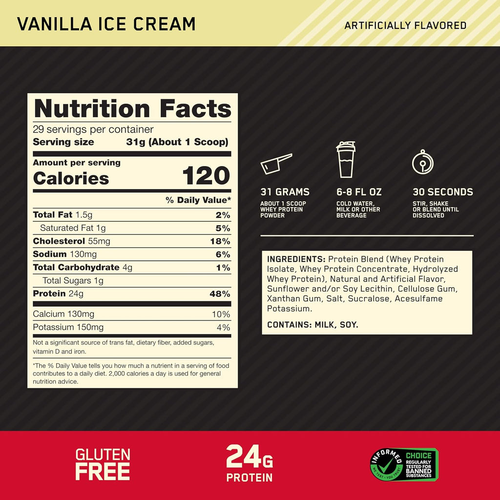 Optimum Nutrition Gold Standard 100% Whey Protein Powder, Vanilla Ice Cream, 2 Pound (Packaging May Vary) | 24G 100% Whey Protein per Serving, with Bcaas, Gluten Free, Banned Substance Tested, Easy Mixing, Muscle Support & Recovery