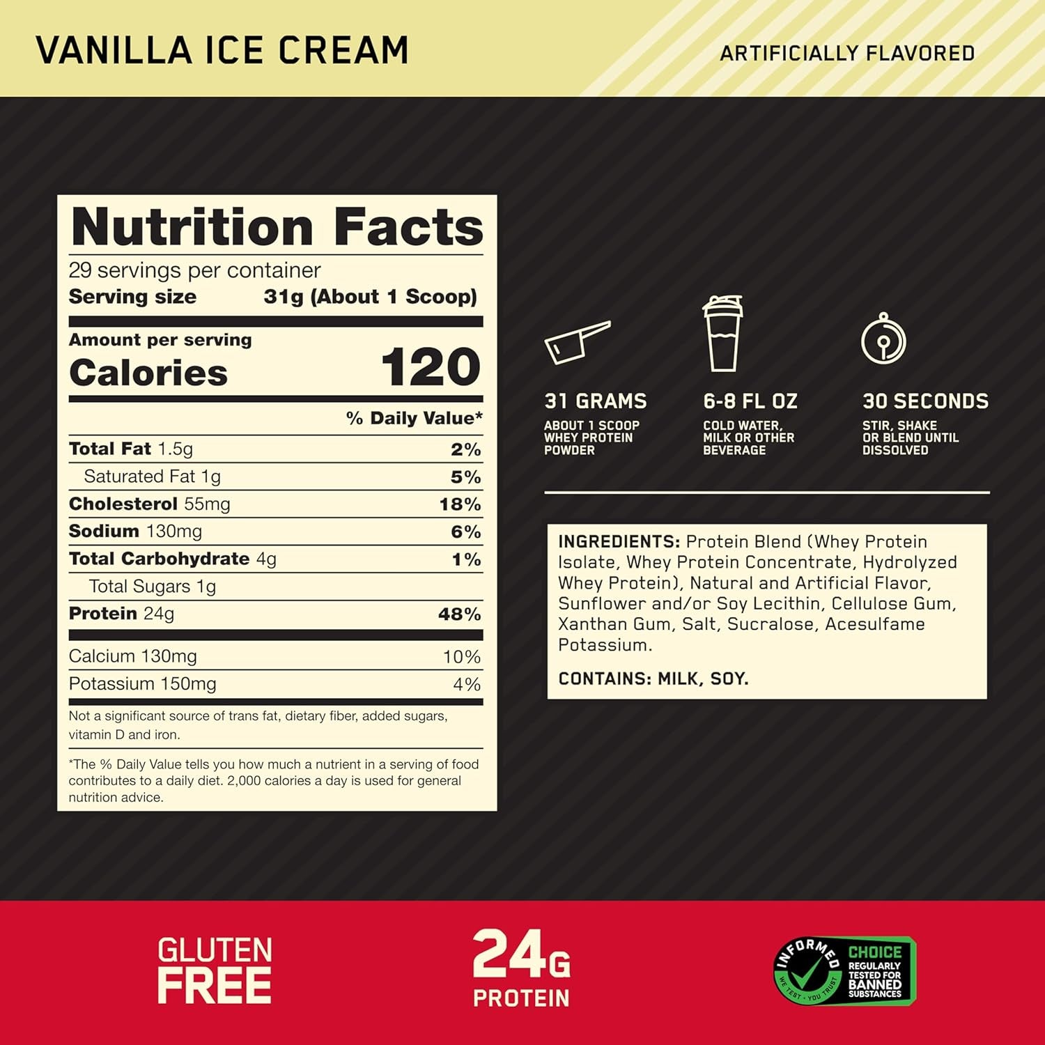 Optimum Nutrition Gold Standard 100% Whey Protein Powder, Vanilla Ice Cream, 2 Pound (Packaging May Vary) | 24G 100% Whey Protein per Serving, with Bcaas, Gluten Free, Banned Substance Tested, Easy Mixing, Muscle Support & Recovery