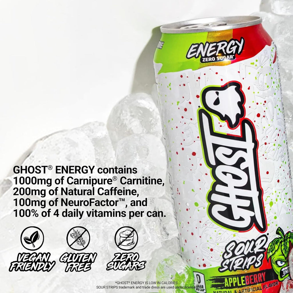 GHOST Energy Drink, Zero Sugars, 12-Pack, Sour Strips Appleberry, 16Oz