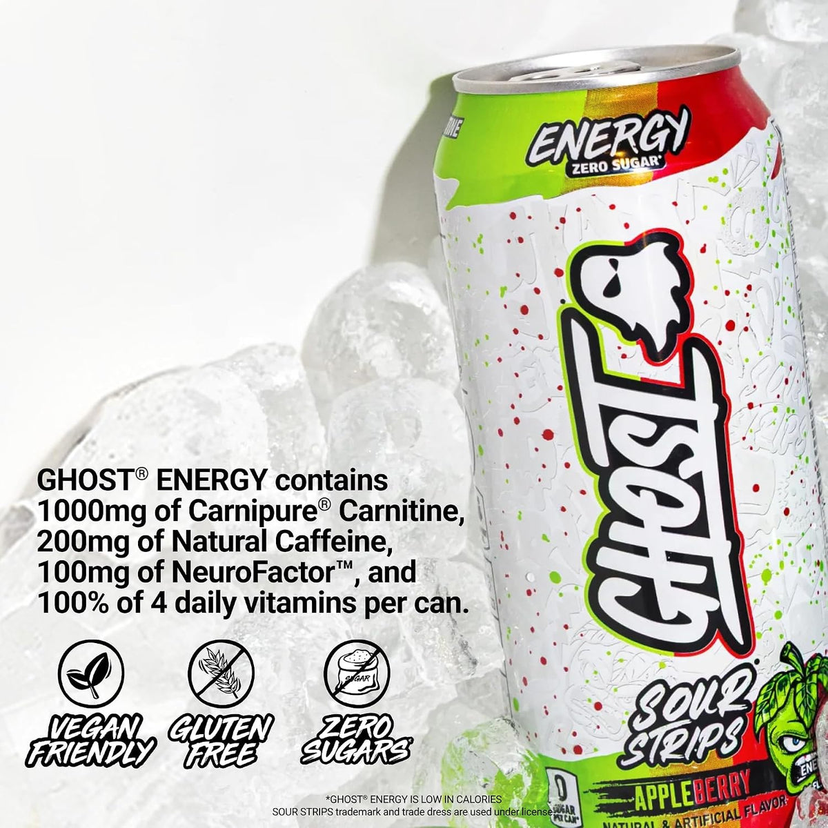 GHOST Energy Drink, Zero Sugars, 12-Pack, Sour Strips Appleberry, 16Oz