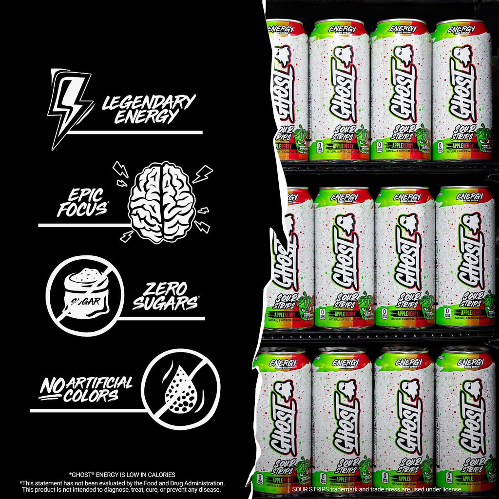 GHOST Energy Drink, Zero Sugars, 12-Pack, Sour Strips Appleberry, 16Oz