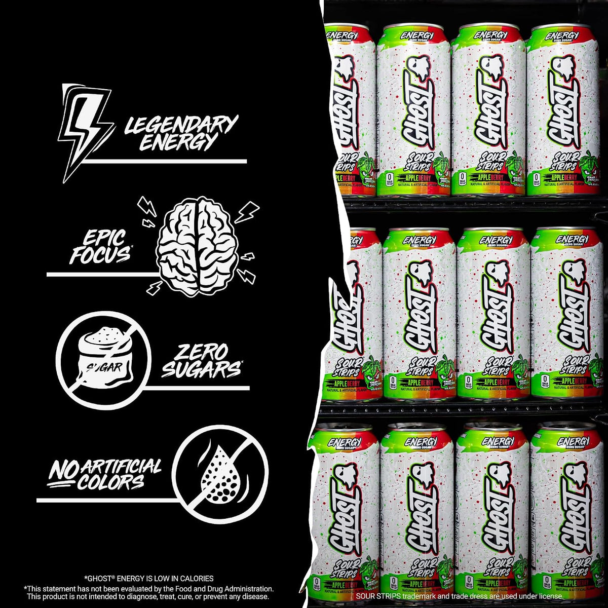 GHOST Energy Drink, Zero Sugars, 12-Pack, Sour Strips Appleberry, 16Oz