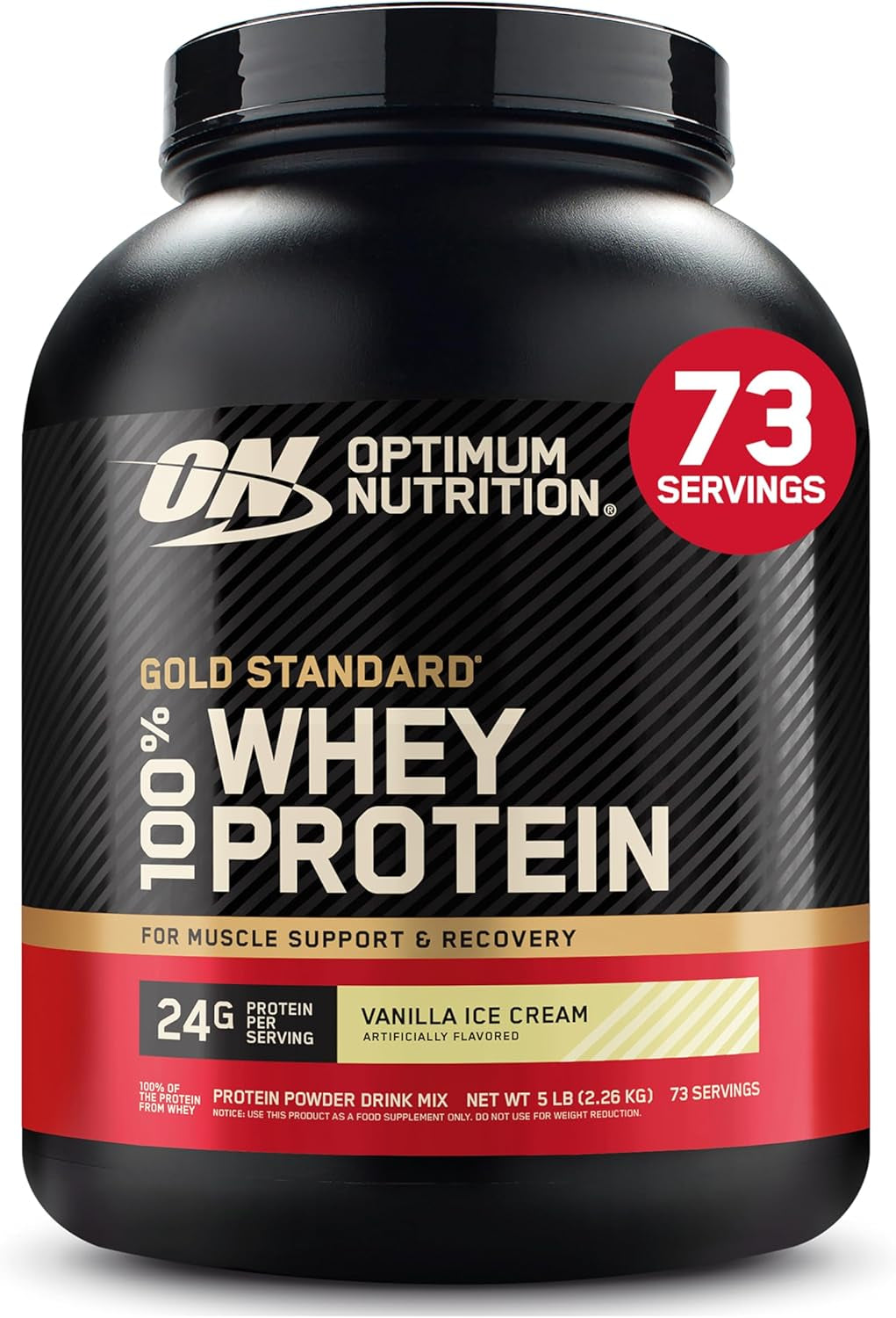Optimum Nutrition Gold Standard 100% Whey Protein Powder, Vanilla Ice Cream, 2 Pound (Packaging May Vary) | 24G 100% Whey Protein per Serving, with Bcaas, Gluten Free, Banned Substance Tested, Easy Mixing, Muscle Support & Recovery