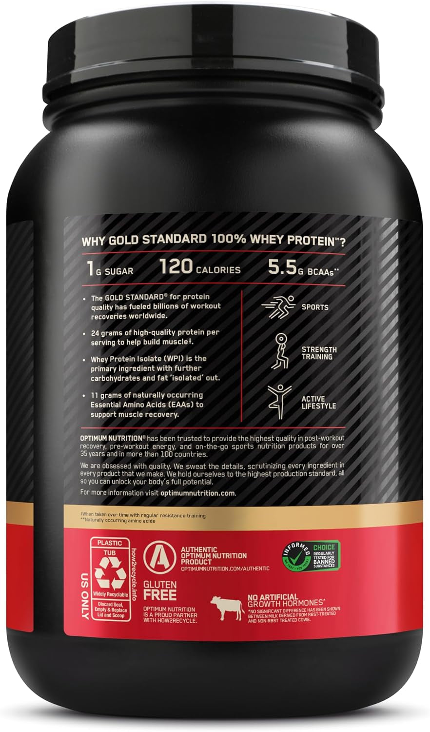Optimum Nutrition Gold Standard 100% Whey Protein Powder, Vanilla Ice Cream, 2 Pound (Packaging May Vary) | 24G 100% Whey Protein per Serving, with Bcaas, Gluten Free, Banned Substance Tested, Easy Mixing, Muscle Support & Recovery