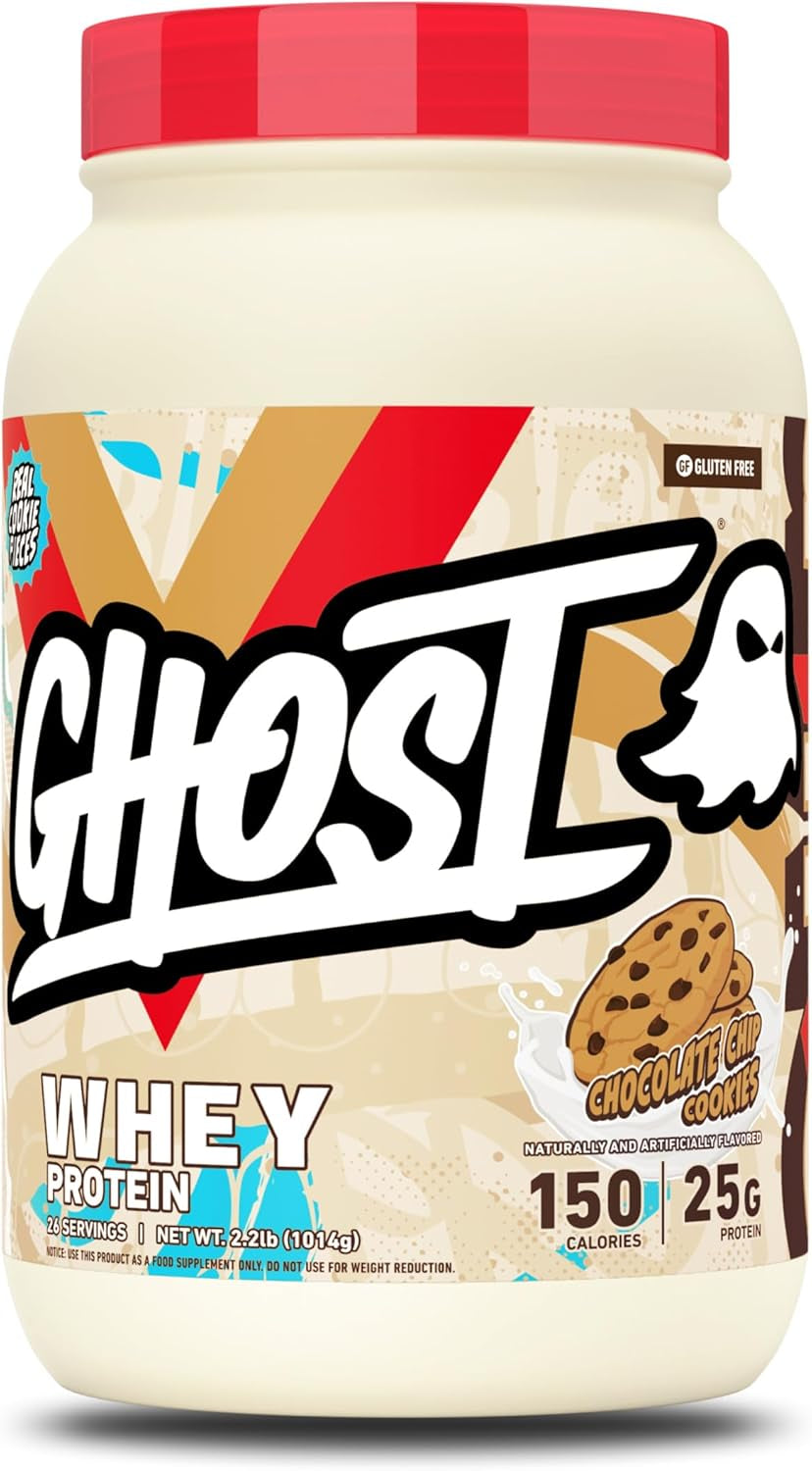 GHOST Whey Protein Powder, Chocolate Chip Cookies - 2.2LB, 25G of Protein | Whey Protein Isolate & Concentrate Blend - Post Workout Shake, Smoothies - Soy & Gluten-Free - 2.2LB Tub, 26 Servings