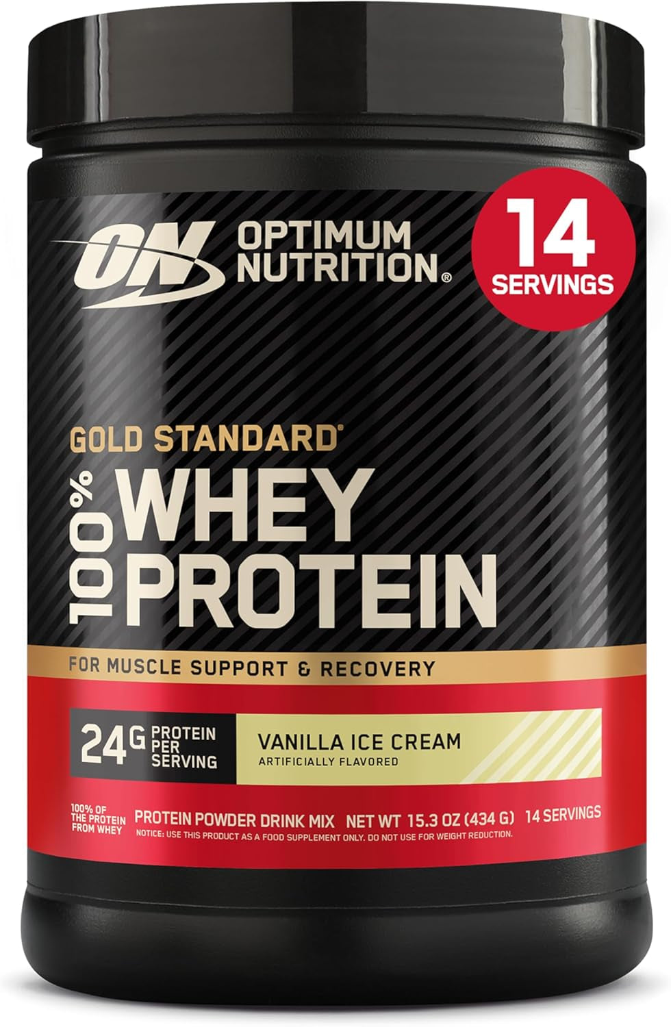 Optimum Nutrition Gold Standard 100% Whey Protein Powder, Vanilla Ice Cream, 2 Pound (Packaging May Vary) | 24G 100% Whey Protein per Serving, with Bcaas, Gluten Free, Banned Substance Tested, Easy Mixing, Muscle Support & Recovery